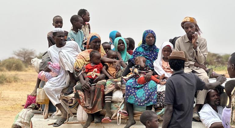 أسر نازحة تفر من مدينة الفاشر بشمال دارفور بحثا عن الأمان. في مختلف أنحاء السودان، نزح أكثر من 12 مليون شخص من ديارهم.